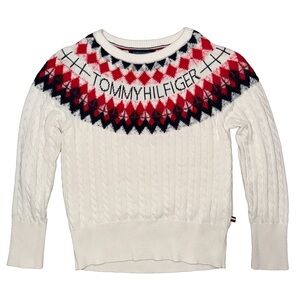 💙💖 Tommy Hilfiger Ivory Cable Knit Fair Isle‎ Y2K Aesthetic Sweater